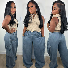 欧美女式休闲牛仔裤亚马逊跨境女装松紧腰抽绳系带多口袋直筒长裤