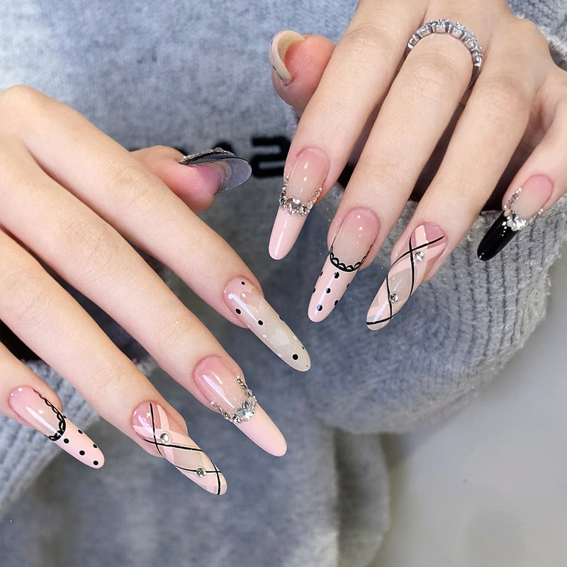 10-Piece Set of Handmade Almond-Shaped Nails with Diamond Pattern, Polka Dots, Nude Pink Gradient, Korean Style Fake Nails That Make Hands Look Longer