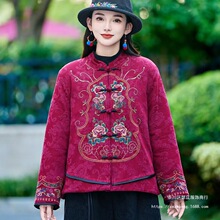 刺绣棉麻加棉外套女2025冬季款立领盘扣棉服民族风棉袄保暖薄棉衣