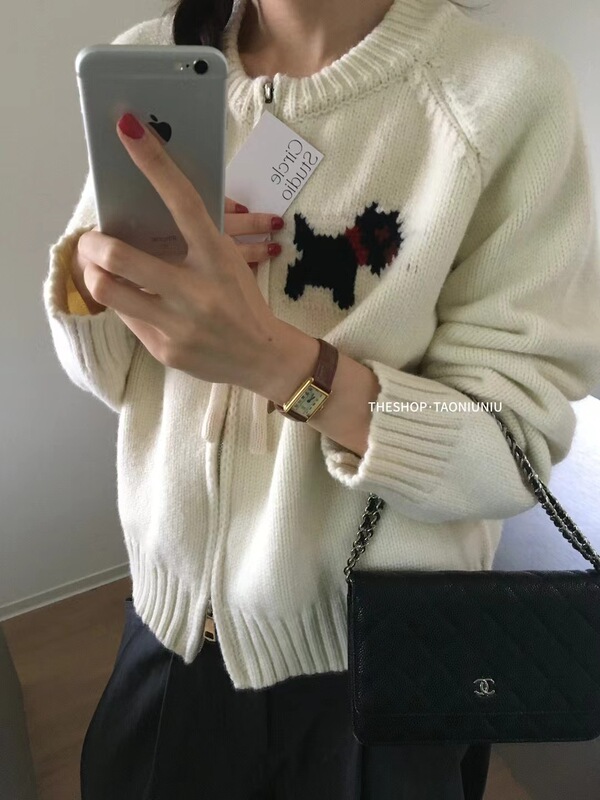 复古设计感卡通小狗圆领双拉链毛衣外套女秋冬宽松减龄针织开衫|undefined