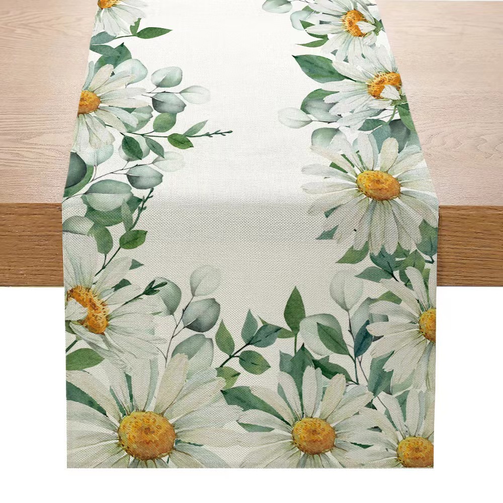 Transfronteriza nuevo Lino impreso corredor de mesa Simple planta verde Margarita serie Amazon hogar Decoración mantel