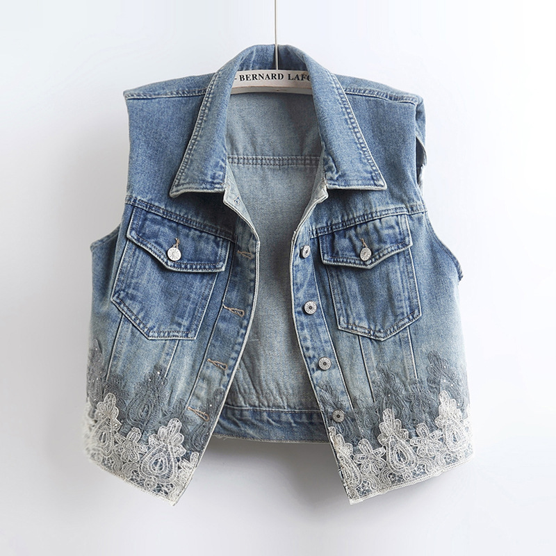 2025 Spring/Summer New Heavy Lace Denim Vest Women's Sleeveless Vest Top Jacket Trendy