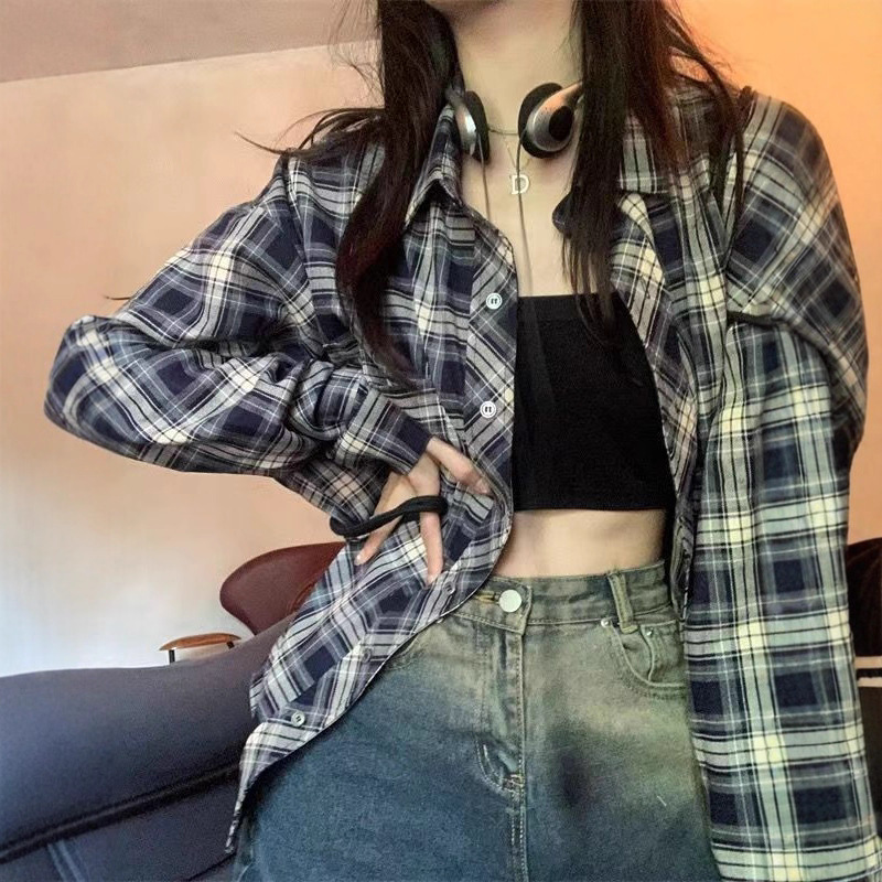 复古格子衬衫女春秋2025年新款衬衣设计感薄款防晒外搭上衣外套女|undefined