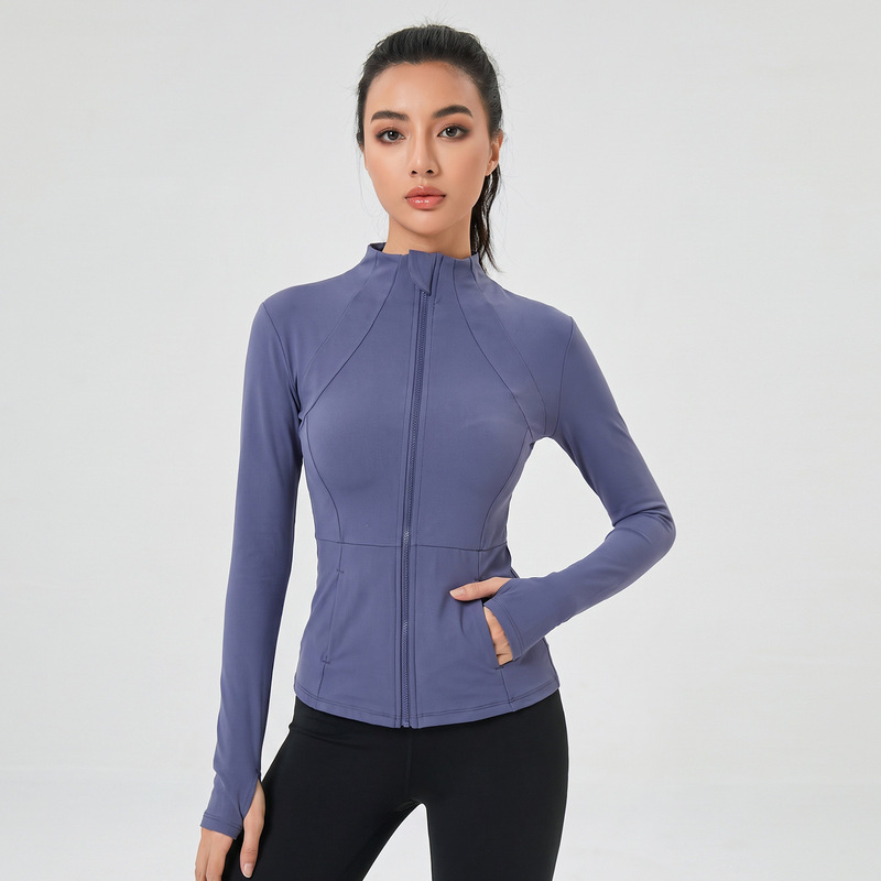 Define women's athletic jacket, running and fitness training top, quick-drying, stand-up collar, slim-fit yoga jacket