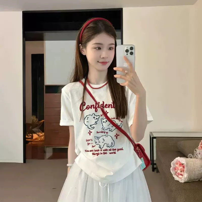 白色纯棉短袖t恤女2025新款夏季半袖宽松内搭打底衫好看上衣女潮