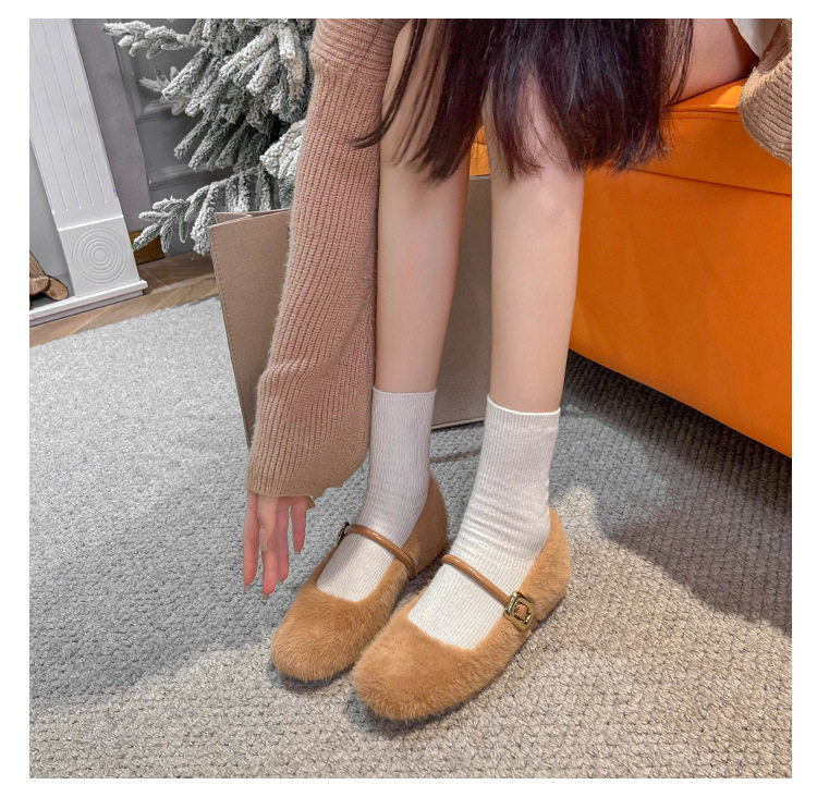 Giày Mary Jane nữ kiểu ballet một dây, gót vừa 3–6 cm, mũi tròn, tăng chiều cao, phủ nhung — Màu nâu đậm, Màu trà sữa, Màu trắng sữa chi tiết 42