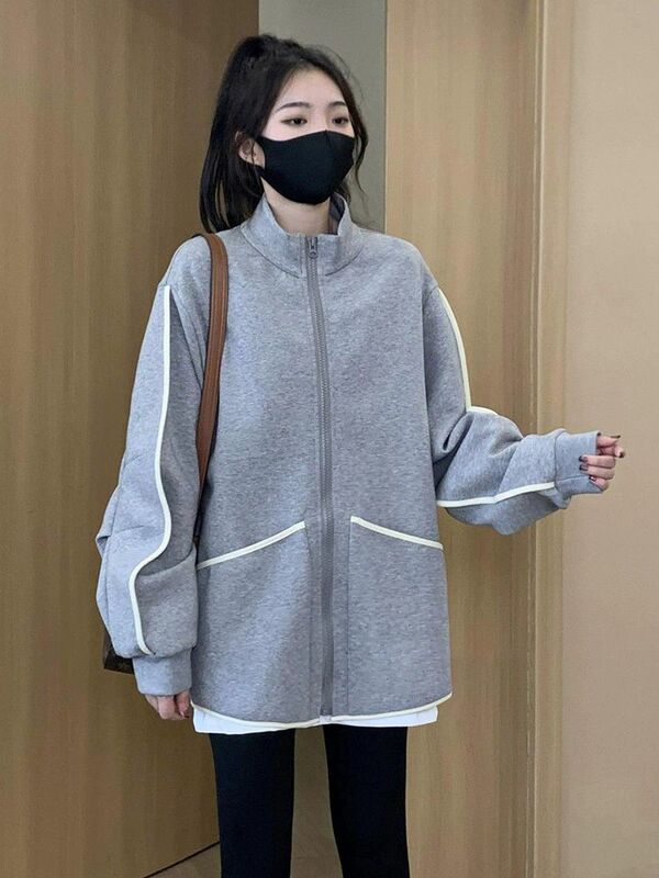 Cotton Autumn and Winter New Style Plus Velvet Stand Collar Contrast Zipper Jacket Women's Loose Korean Style Lazy Style Cardigan Top