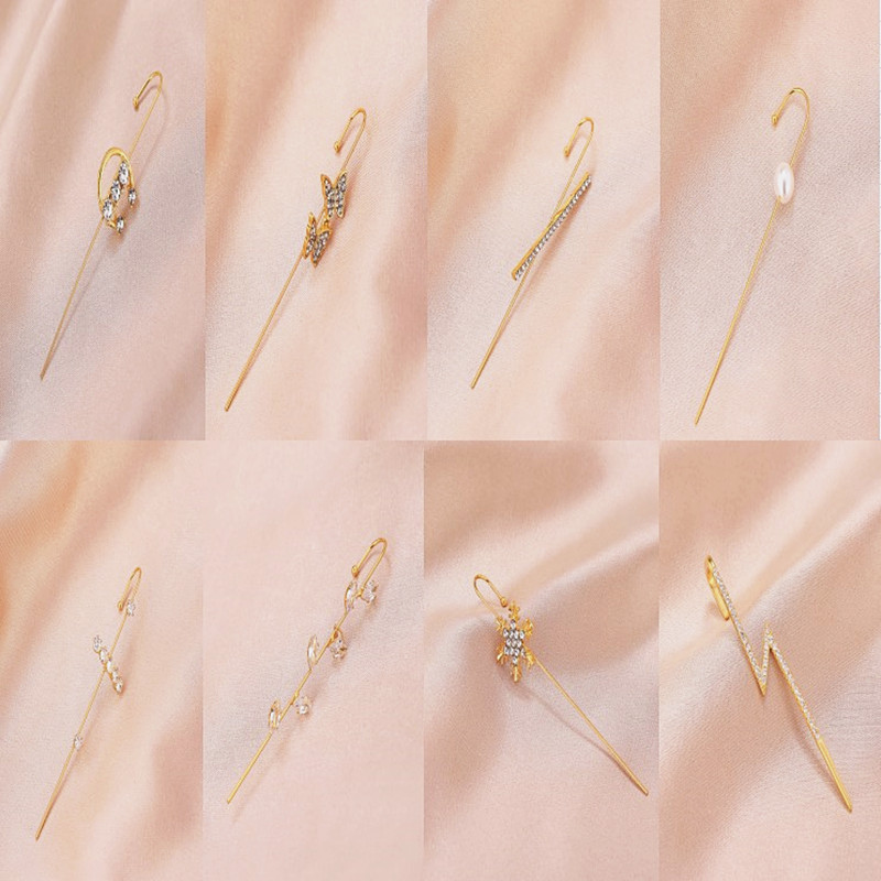Nuevo estilo europeo y americano estilo frío diamante incrustado gancho para la oreja personalizado piercing oreja pin hembra rayo hoja oreja clip oblicua línea oreja espárragos