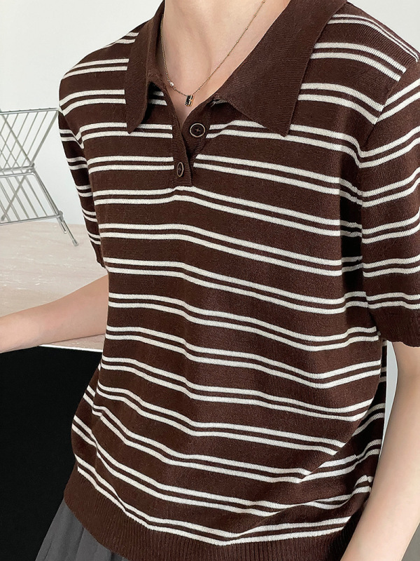 滔川   复古条纹翻领条纹针织短袖女休闲POLO领上衣YL527|undefined