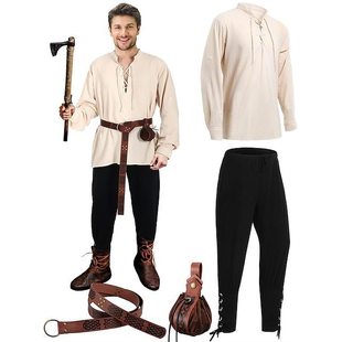 4Pcs Halloween Men Renaissance Costume Set Medieval Pirate Shirt Ankle Strap Pants