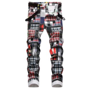 Original European and American style youth digital printed plaid stitching fashion stretch denim trousers
