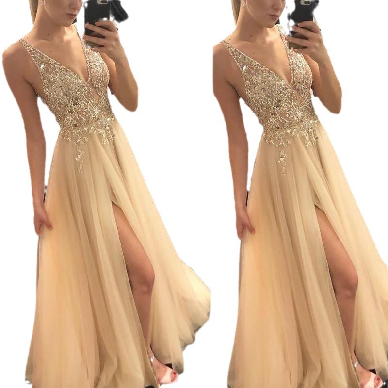 Vestido de noche brillante 2025 europeo y americano de verano dorado con cuello en V y empalme, vestido de fiesta de noche para mujer