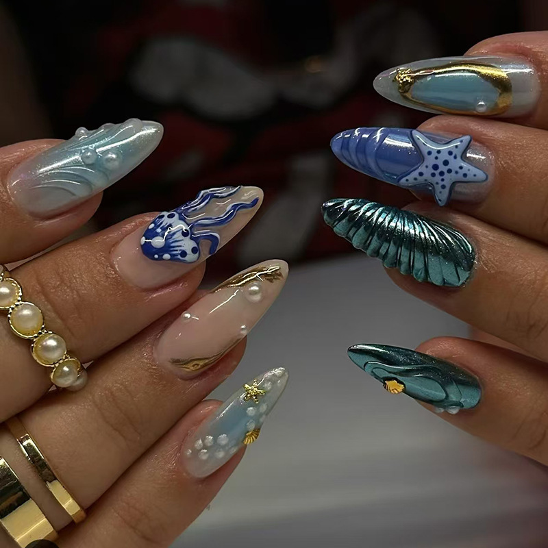 Deep Sea Fresh Blue Matching Pearl Shell Starfish European and American Ins Style Removable Nail Pieces 24 Pieces