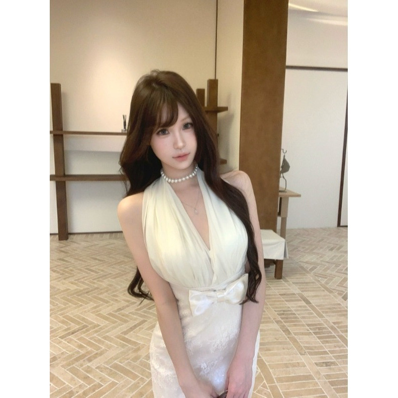 高級感のあるウエスト痩身ヒップスカートレディース夏のロイヤルシスターVネックホルターネックスリムドレス|undefined