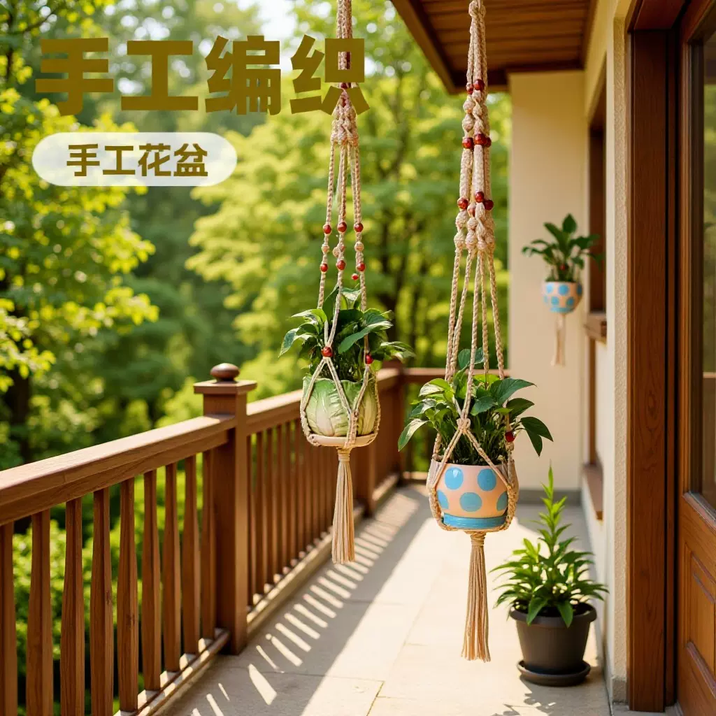 手工悬挂式植物支架篮架装饰家居花盆架波西米亚棉绳流苏吊篮花
