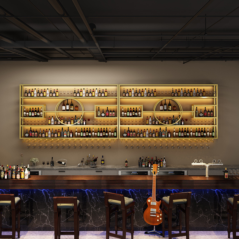 Bar bar decoration wall-mounted luminous wine rack restaurant wall-mounted wrought iron wine cabinet creative display rack