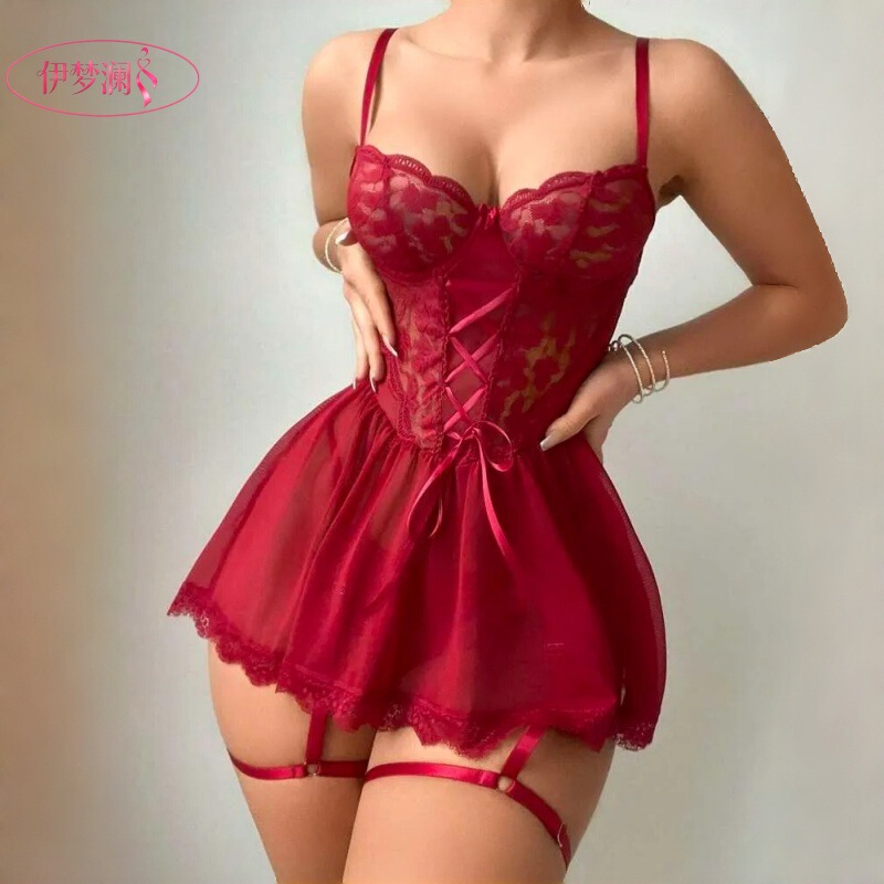 Yimenglan Amazon European and American Sexy Lingerie Lace See-Through Temptation Nightgown Thong Pajama Set