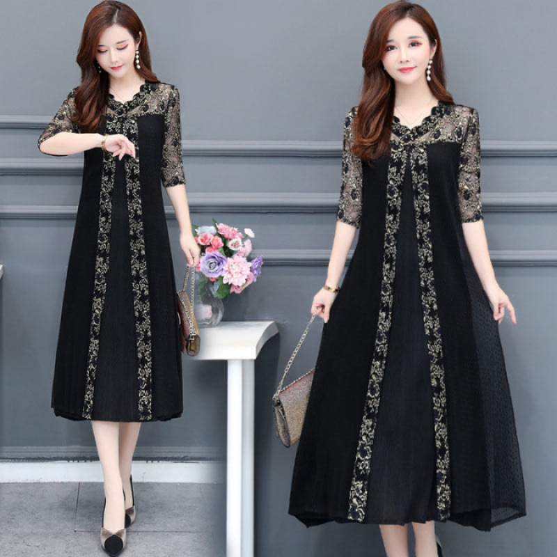 Summer European and American Style Dress Loose Five-Quarter Sleeve Lace Women's Plus Size Large Swing Long Skirt Foreign Trade Trend