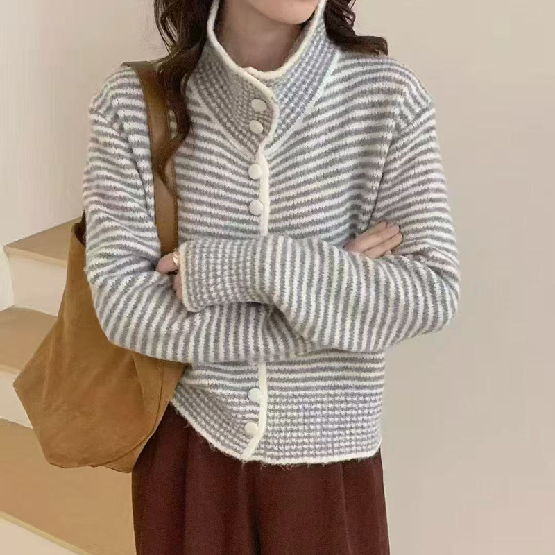 外贸拼色条纹毛衣外套女2025秋冬新款软糯慵懒风立领设计开衫外套|undefined