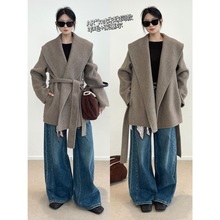 泽黛佳伊 AR*KZZ款 羊毛莱塞尔裹身翻领慵懒风双面尼大衣外套女冬