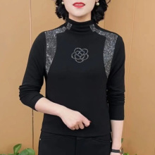 大码女装黑色显瘦德绒烫钻长袖女打底衫秋冬季新款半高领百搭洋气
