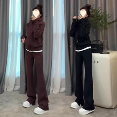 大码胖秋季休闲运动服套装女连帽显瘦外套直筒阔腿裤两件套