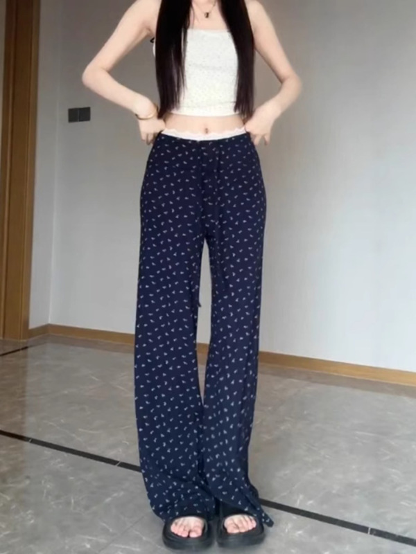 藏青色蕾丝拼接碎花裤女夏季薄2025新款高腰显瘦小个子休闲阔腿裤|undefined