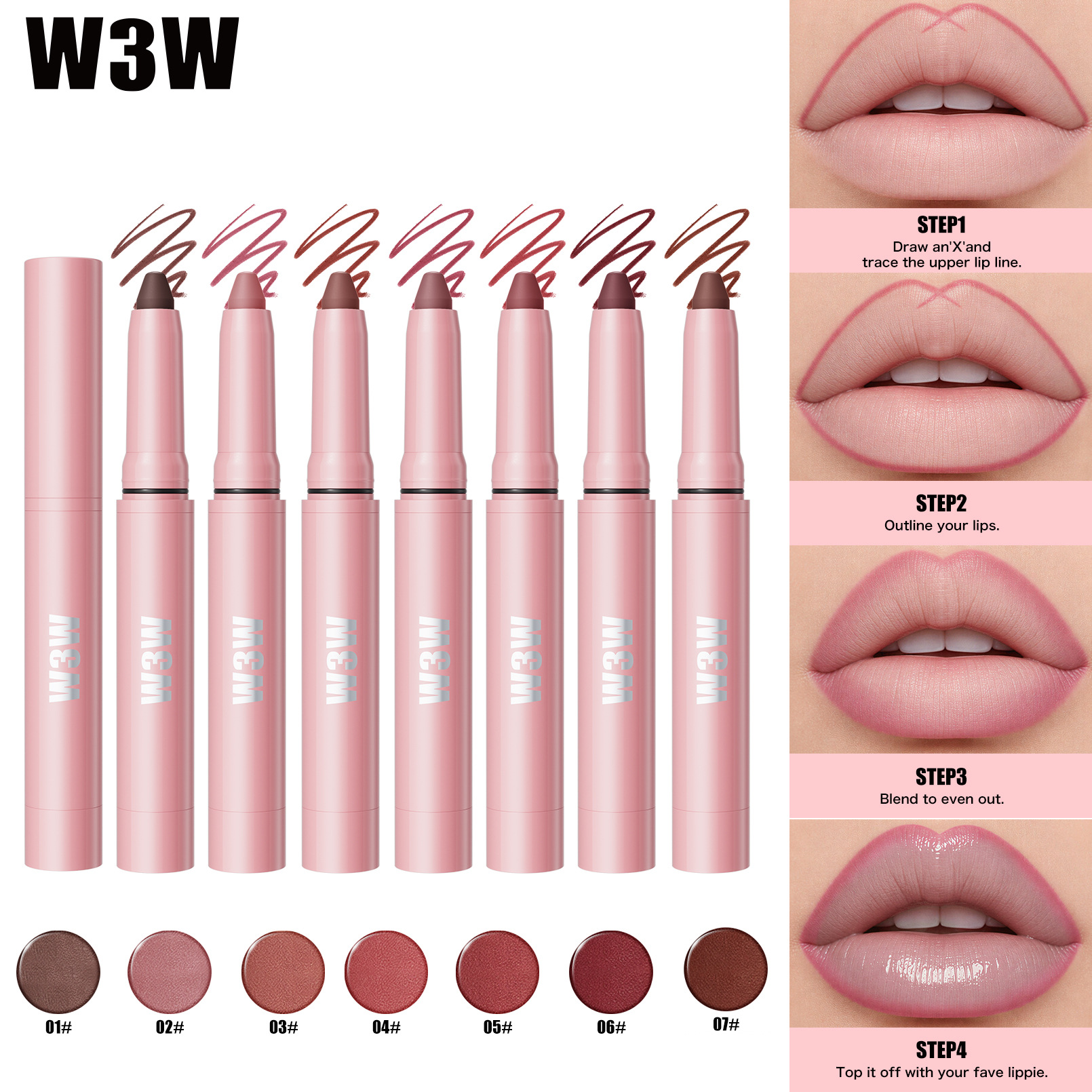 W3W lip liner, a cross-border product, is long-lasting, doesn’t fade easily, provides a clean line, comes in nude shades, is smudge-proof, and has a matte finish. TK