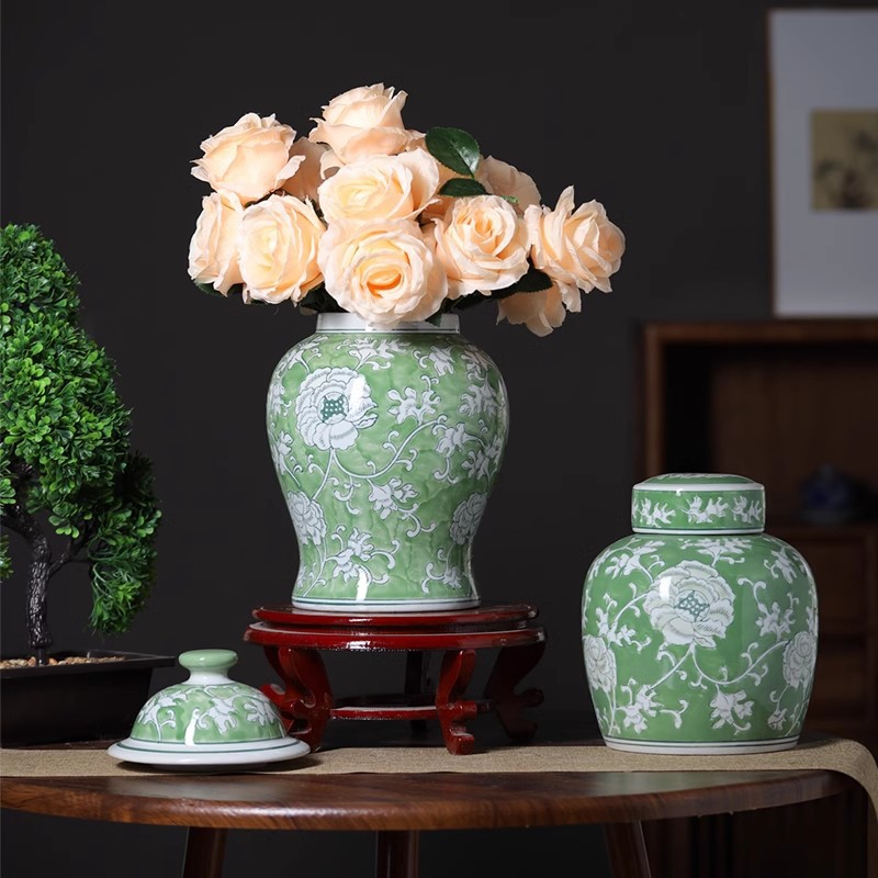 复古绿色陶瓷将军罐茶叶罐民宿酒店客厅轻奢花瓶摆件水培插花器