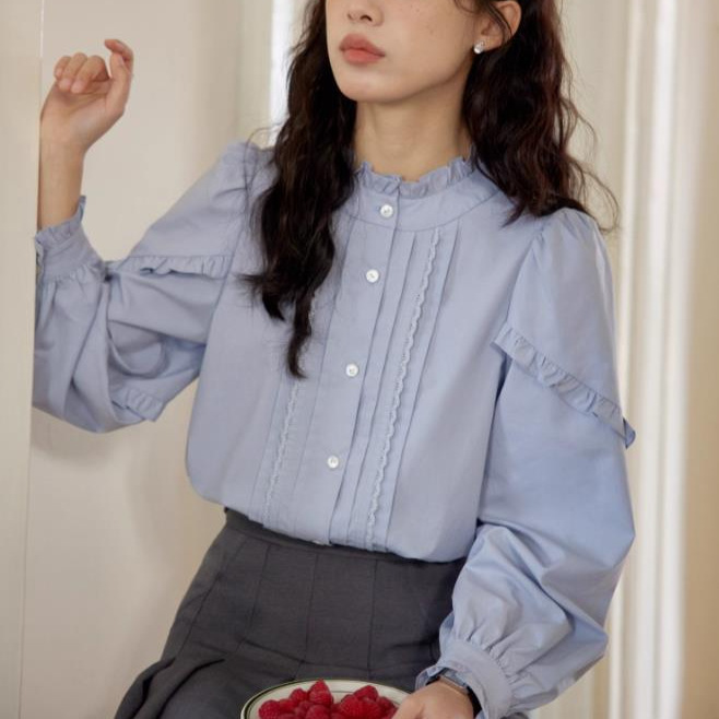 Autumn New French Style Girl's Small Stand-Up Collar Tucker Pleated Shirt with Long Sleeves