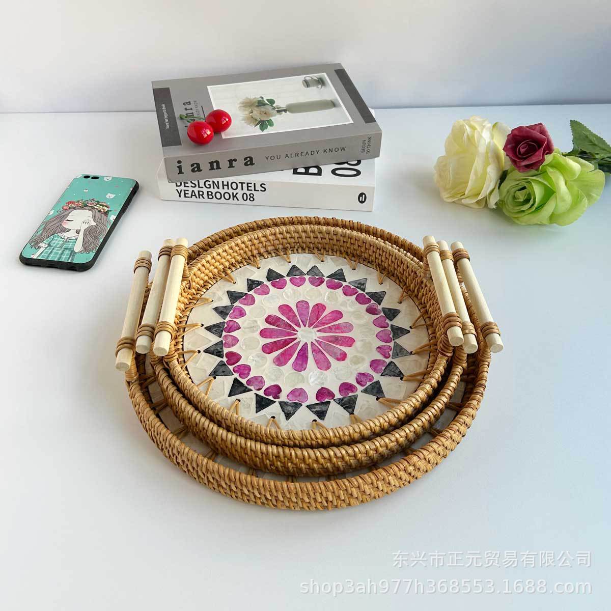 Vietnam ratán tejido Shell bandeja color Shell tejido merienda cesta de almacenamiento merienda bandeja fruta pan té bandeja