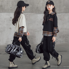 一件代發2022秋冬男童女童通穿工裝套裝拼接格子衛衣時髦工裝褲子