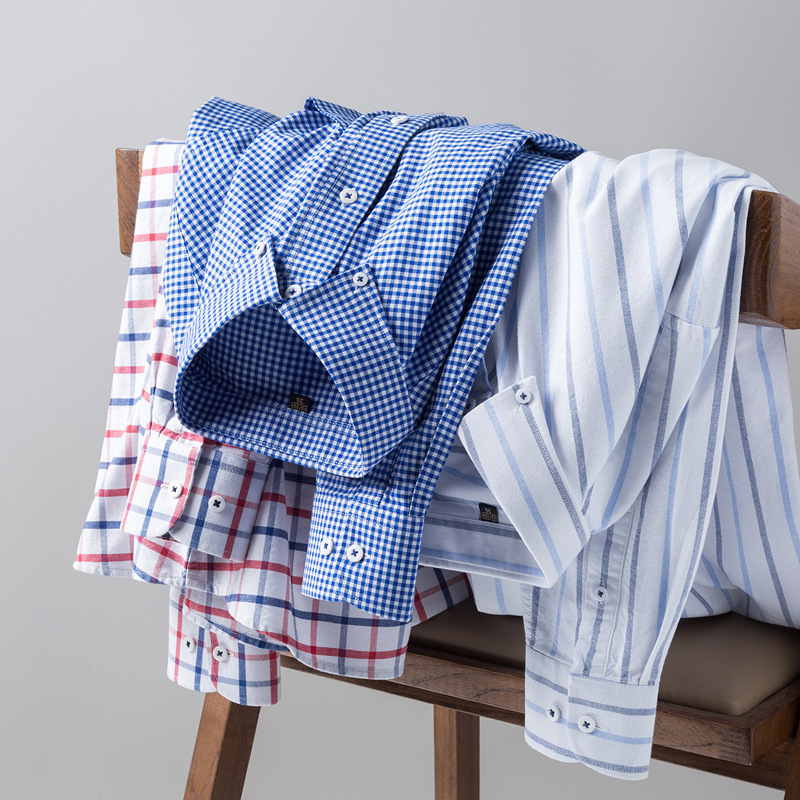 Men's Long-sleeved Shirt Cotton Oxford Button Collar Xinjiang Long-staple Cotton Striped Plaid Casual All-match Men's Shirt