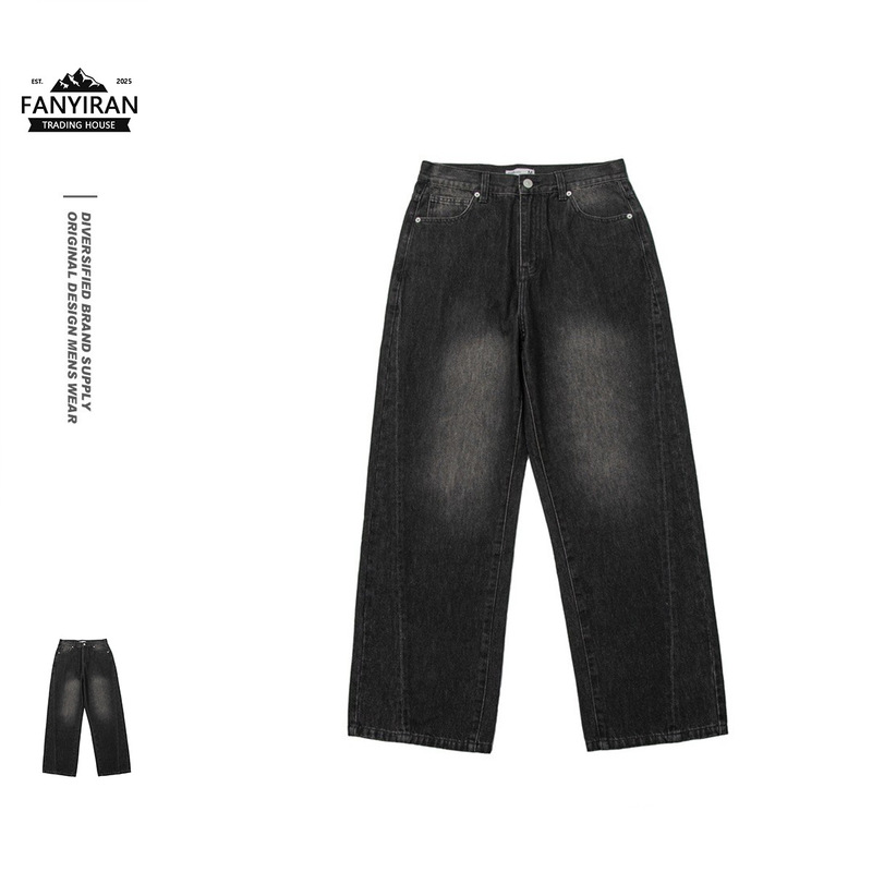 Retromind American High Street Black Jeans Men's Pants Loose Straight Black Denim Trousers Tk2405