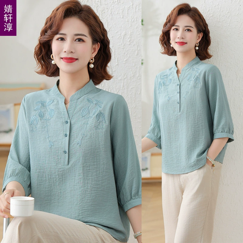 Мама хлопчатобумажный набор женский свободный топ 2025 лето новый средний и пожилой летний набор футболки из двух частей