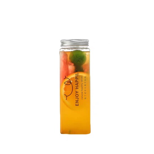 Trendy square bottle milk tea cups: Commercial-grade 500ml PET cups with creative designs, made from durable plastic—perfect for single-use packaging, complete with lids.