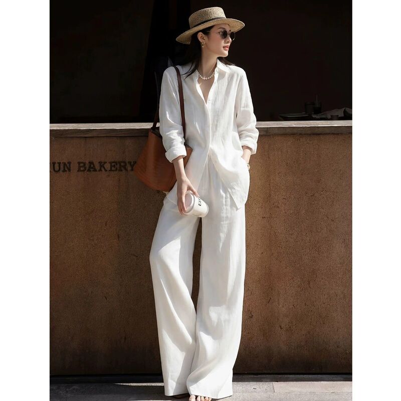 2026 Summer Casual Relaxed Linen Outfit in Old Money Style, A Complete Set of High-End White Cotton-Linen Shirts for Women
