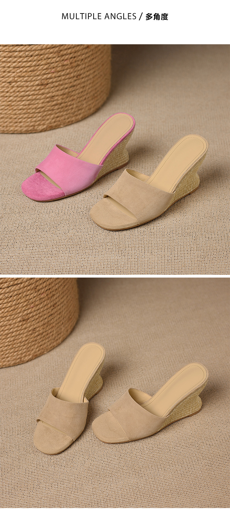 Dép sandal nữ quai ngang gót xuồng cao 9 cm, mũi hở, chất liệu da lộn giả cừu — Hồng, Màu hạnh- chi tiết 12