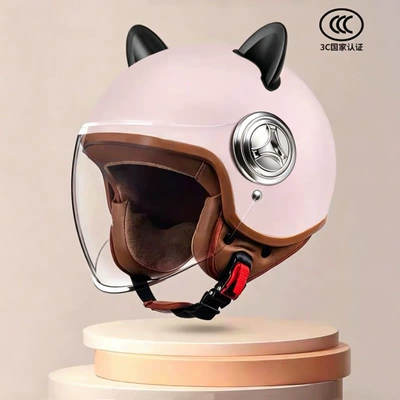 Motosiklet kaskı (dəbilqə), and women, suitable for all seasons - 801pink-transparent-long-mirror-black-ears