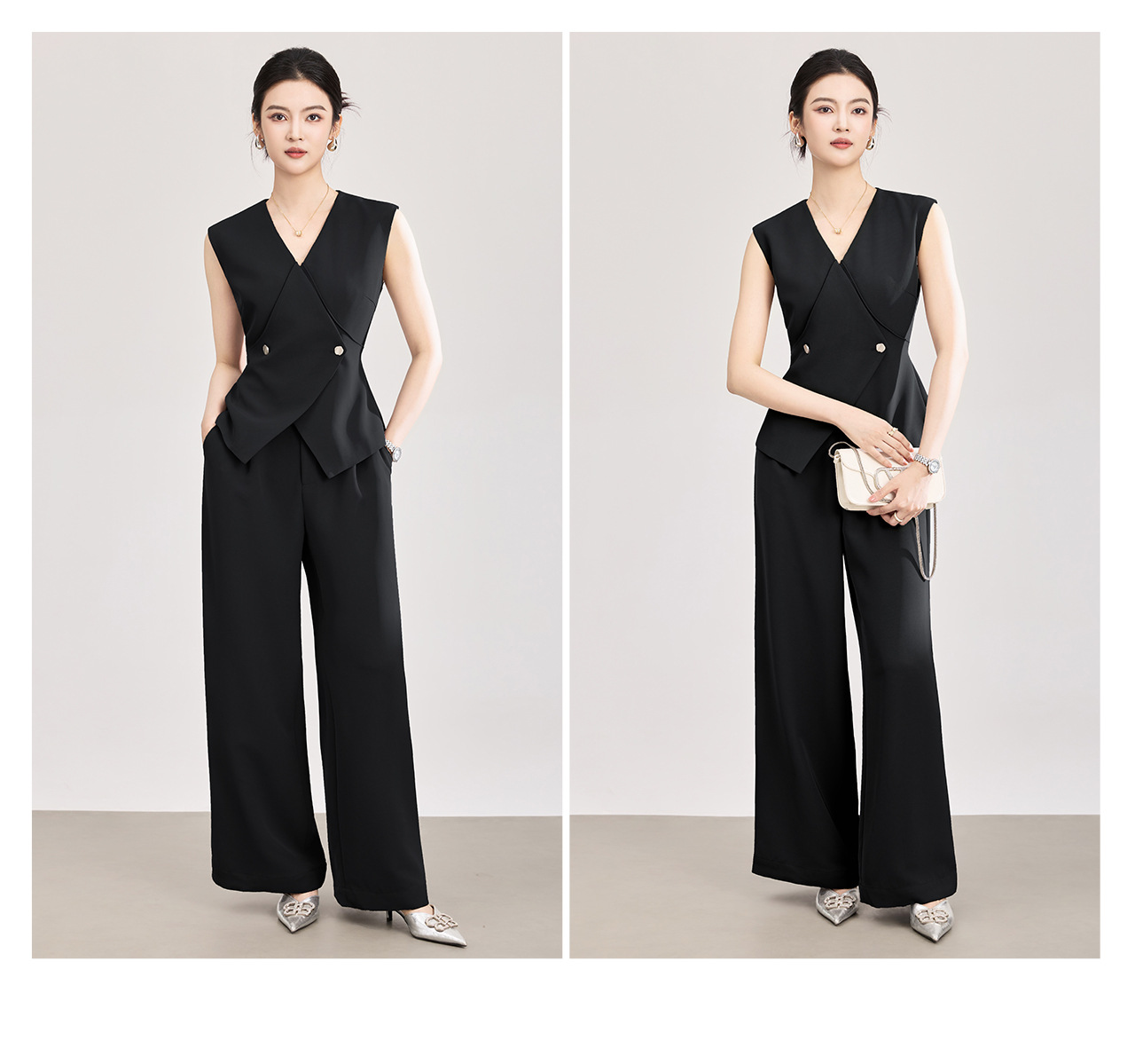 Set áo vest không tay dây buộc + quần ống rộng công sở nữ phong cách hiện đại — màu đen chi tiết 21