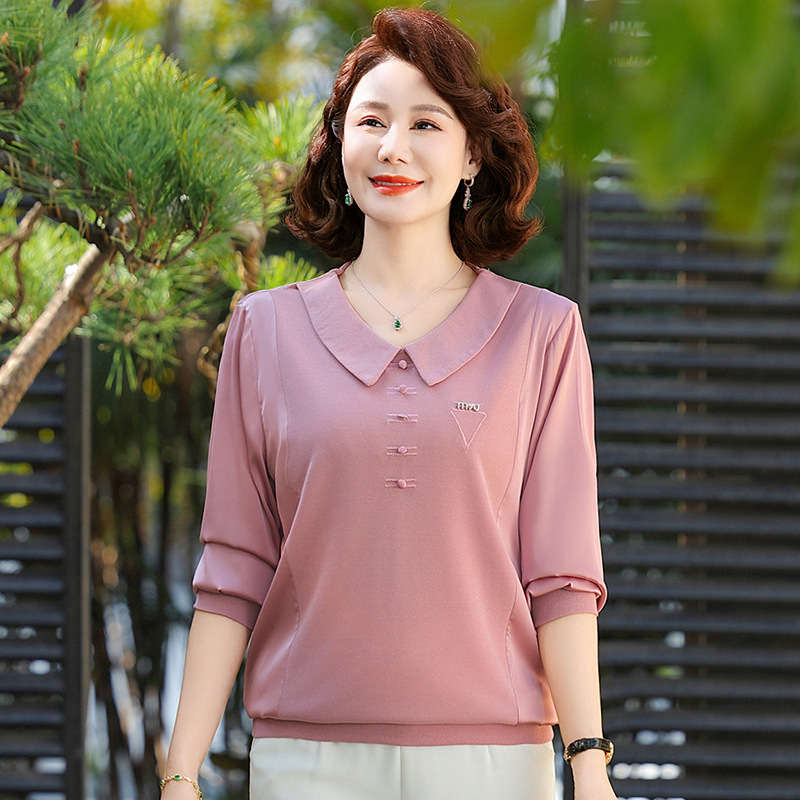 中老年女装大码娃娃领长袖小衫洋气秋季妈妈装时尚休闲大码打底衫|undefined