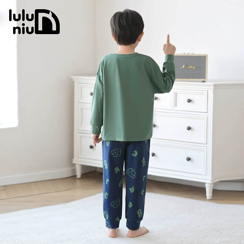 噜噜牛 Spring children's demi-season pijama for boys, cotton long-sleeve with a round collar, 2024 years, for teenagers
