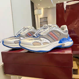 欧洲站新款男士厚底老爹鞋系带网面透气增高拼色情侣款休闲运动鞋