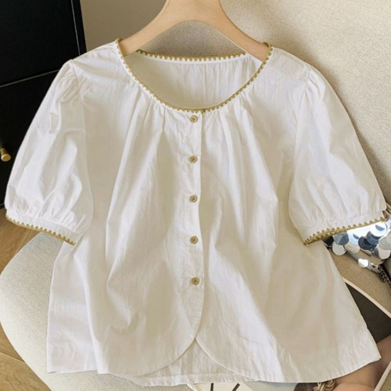 コントラストカラーのラウンドネックパフ半袖シャツ、女性用夏デザインニッチルーズ年齢軽減多用途ショートトップス|undefined