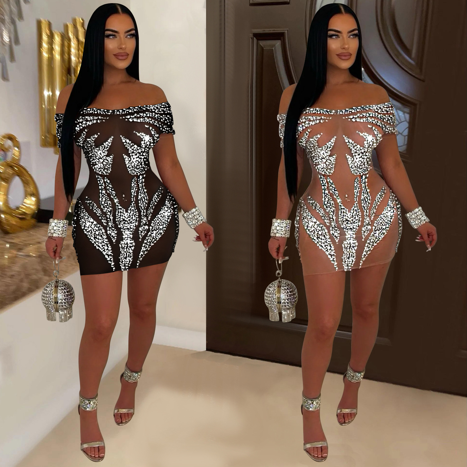 C6926 Aliexpress transfronterizo Amazon estación independiente de moda europea y americana ropa de mujer sexy perforación en perspectiva vestido corto
