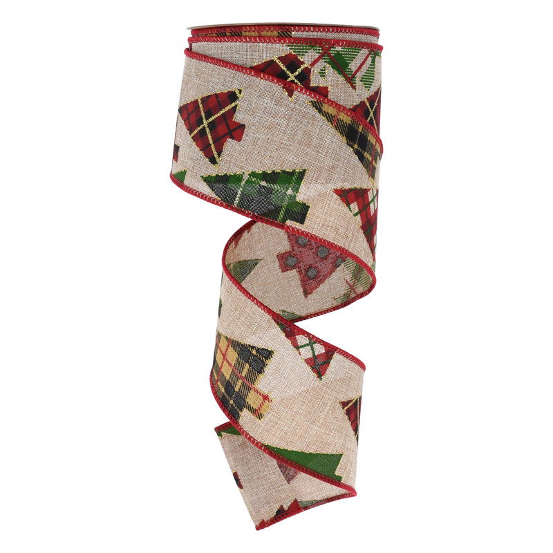 63mm Amazon transfronterizo nuevo borde de impresión de cinta de lino de Navidad decoración de árbol de Navidad cinta de tela imitación de lino 5y10y