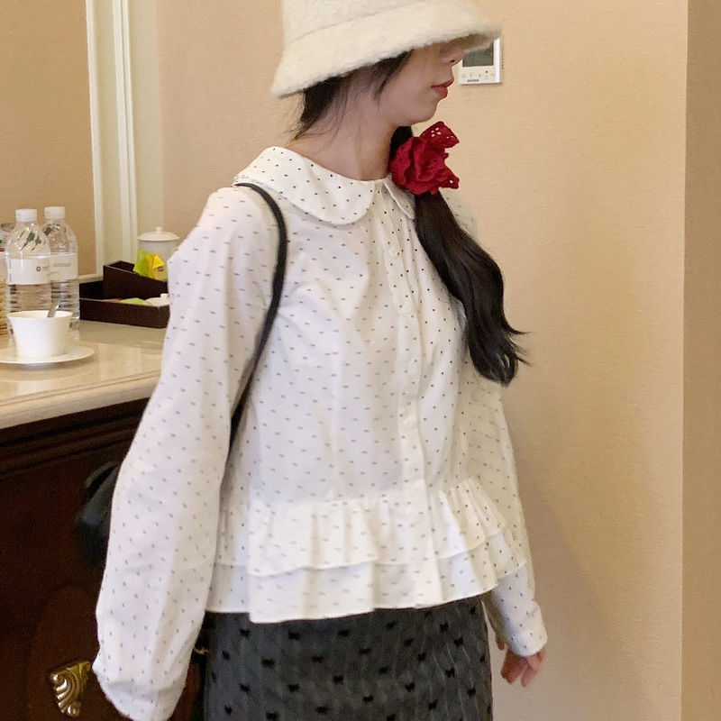 花边早春双层长袖日系miu小个子软妹设计上衣感系波点娃娃领衬衫|undefined