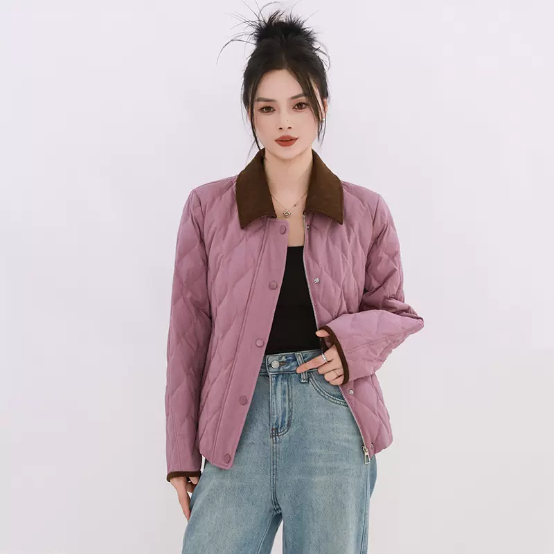 高级感轻薄羽绒服女2025冬季新款小个子休闲气质翻领短款菱格外套