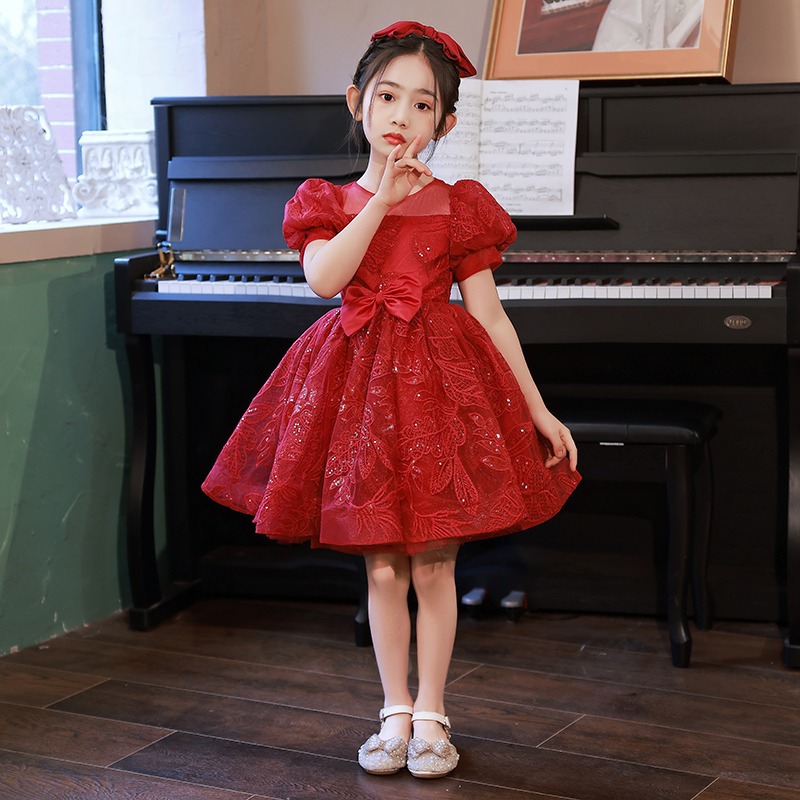 儿童礼服2024春季新款小女孩生日泡泡袖公主裙国庆钢琴演奏演出服