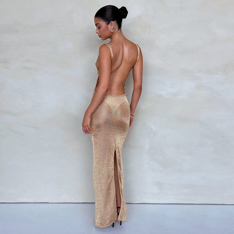 119g Weight Maxi Long Dress Dress Length Type Sleeveless Sleeve Length Bodycon Dress Dresses Type Spandex, Polyester Fabric Type Mid Waist Waist Line Holiday, Party Occasion Boat Neck Neckline Slim Fit Type Glittery, Solid Color Pattern Summer, Spring Season Women's Gender Backless Design Vacation, Sexy Style Wholesale Women's Vacation Sexy Backless Glittery Solid Color Holiday Party Boat Neck Sleeveless Bodycon Dress 3